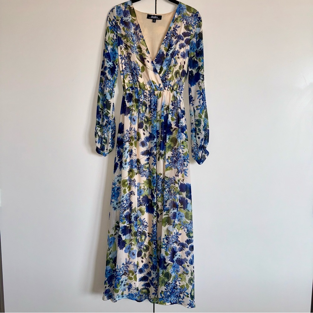 Lulu's Blue and Green Floral Long Sleeve Dress